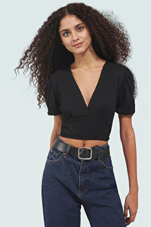Polyester Örme Bluz Crop V Yaka Balon Kol Fitted Kalıp Özel Tasarım Rahat Ve Şık