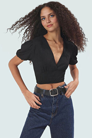 Polyester Örme Bluz Crop V Yaka Balon Kol Fitted Kalıp Özel Tasarım Rahat Ve Şık