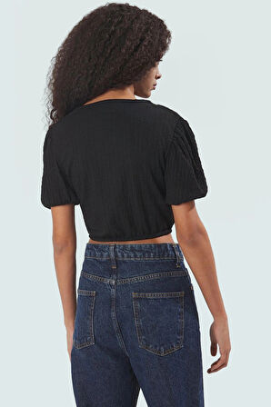 Polyester Örme Bluz Crop V Yaka Balon Kol Fitted Kalıp Özel Tasarım Rahat Ve Şık