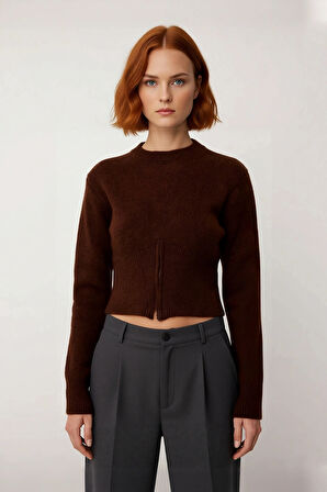 Kadın Rahat Kesim Düşük Kollu Bisiklet Yaka Fermuarlı Crop Boy Triko Kalın Kazak Kaliteli Şık