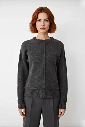 Kadın Soğuk Havaların Kurtarıcısı Oversize Kalın Düz Desen Triko Kazak Düşük Kol Gri Kaliteli