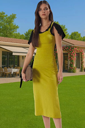 Yazlık Kadın Pamuk Midi Elbise Bodycon Kalıp Bağcıklı Tasarım Modern Stil Profesyonel Görünüm