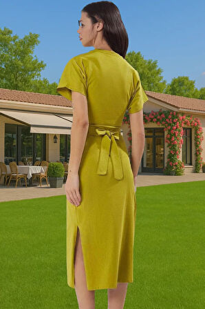 Yazlık Kadın Pamuk Midi Elbise Bodycon Kalıp Bağcıklı Tasarım Modern Stil Profesyonel Görünüm