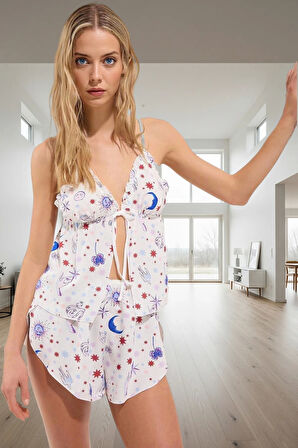 100% Viskoz Shally Pijama Takımı Galaksi Desenli Rahat Kalıp Günlük Kullanım İçin