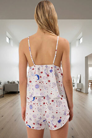 100% Viskoz Shally Pijama Takımı Galaksi Desenli Rahat Kalıp Günlük Kullanım İçin