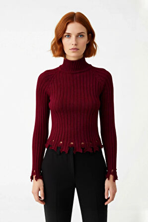 Kadın Şık Fitted Crop Uzun Reglan Kollu Dik Yaka Fitilli Triko Kazak Kış Günleri İçin İdeal Model