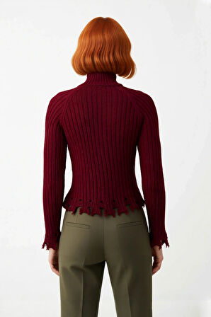 Kadın Şık Fitted Crop Uzun Reglan Kollu Dik Yaka Fitilli Triko Kazak Kış Günleri İçin İdeal Model