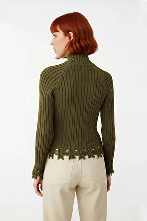 Kadın Şık Fitted Crop Uzun Reglan Kollu Dik Yaka Fitilli Triko Kazak Kış Günleri İçin İdeal Model