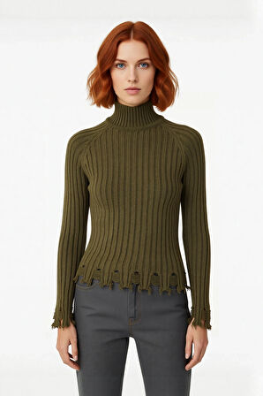 Kadın Şık Fitted Crop Uzun Reglan Kollu Dik Yaka Fitilli Triko Kazak Kış Günleri İçin İdeal Model