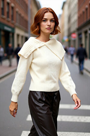 Kadınlara Özel Ekru Yumuşak Akrilik Devrik Yakalı Triko Kazak Kışlık Günlük Giyimde Şık Bir Dokunuş