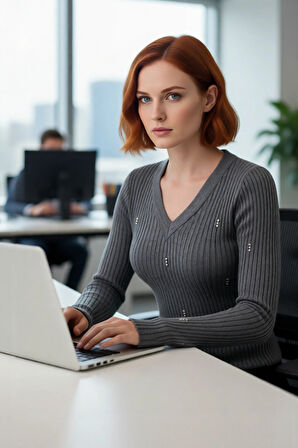 Kadın Antrasit Fitilli Triko Kazak V Yaka Taş İşlemeli Detaylarıyla Kış Şıklığı Sunar Kaliteli