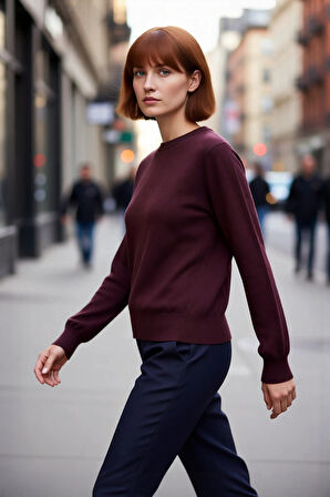 Kadın Düz Bisiklet Yaka Ekru Triko Kazak Regular Kalıbı ile Kışa Özel Şık ve Konforlu Kaliteli