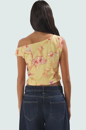 Çiçek Desenli Astarlı Polyester Bluz Asimetrik Yaka Kısa Kol Yazlık Örme Dayanıklı Malzeme