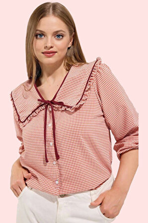 Kadın Günlük Kombinler İçin; Ekose Bebe Yaka Uzun Kollu Gömlek Hafta Sonu Kaliteli Malzeme