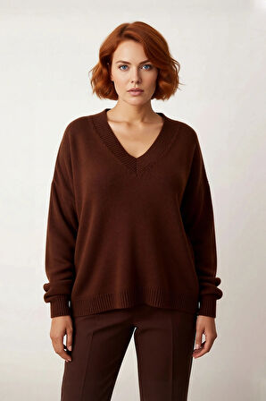 Kadın Casual V Yaka Akrilik Triko Kazak Büzgülü Kol Detaylı Konforlu Basic Rahat Kullanım İçin