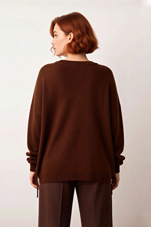 Kadın Casual V Yaka Akrilik Triko Kazak Büzgülü Kol Detaylı Konforlu Basic Rahat Kullanım İçin