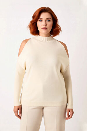 Kadın Rahat Relaxed Kalıp Dik Yaka Düşük Kollu Omzu Açık Detaylı Trend Akrilik Triko Kazak