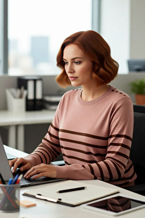 Kadın Bisiklet Yaka Çizgili Triko Kazak Standart Kol Rahat Kalıp Günlük Sonbahar Kış Şıklığı