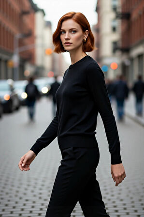 Kadın Modern Bisiklet Yaka İnce Triko Regular Kalıp Düz Dokuma Uzun Kol Kazak Modeli Kaliteli