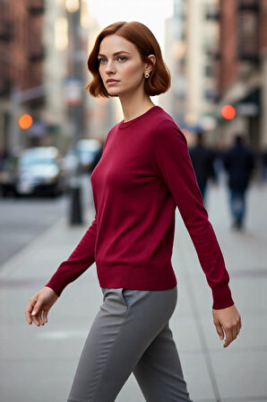 Kadın Modern Bisiklet Yaka İnce Triko Regular Kalıp Düz Dokuma Uzun Kol Kazak Modeli Kaliteli