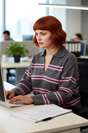 Kadın Triko Çizgili Polo Yaka Kazak Relaxed Kesimiyle Konforlu Ve Şık Bir Kış Kombini Yaratır