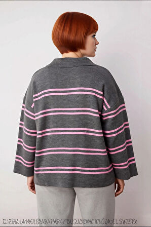 Kadın Triko Çizgili Polo Yaka Kazak Relaxed Kesimiyle Konforlu Ve Şık Bir Kış Kombini Yaratır