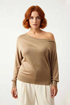 Kadın Basic Siluet Standart Kol Carmen Yaka Triko Kazak Günlük Kombinler İçin Çok Yönlü Kaliteli