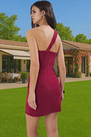 Asimetrik Yaka Mini Elbise Bodycon Kalıp Polyester Elastan Şık Elbise Seçkin Malzeme Özenle Seçilmiş