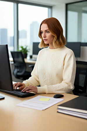 Kadın Ekru Desenli Düşük Kol Bisiklet Yaka Regular Kalıp Triko Kazak Soğuk Havalarda Konfor