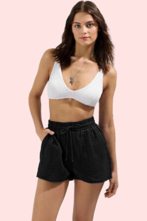 Kadın Kısa Boy Müslin Şort Geniş Paça Normal Bel Pamuk Plaj ve Günlük Kullanım Özel Günler