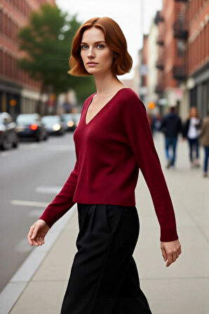 Kadın Triko Kazak V Yaka Orta Kalınlık Regular Kalıp Düz Desen Standart Uzun Kol Şık Seçim