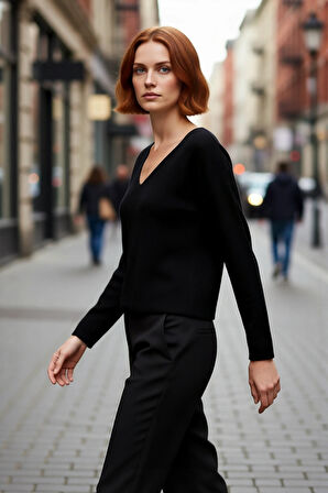 Kadın Triko Kazak V Yaka Orta Kalınlık Regular Kalıp Düz Desen Standart Uzun Kol Şık Seçim