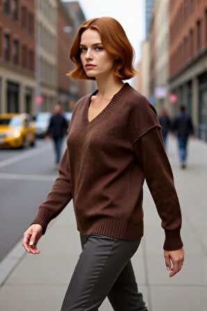 Şık Kadın Oversize V Yaka Düz Desen Triko Kazak Düşük Kollu Uzun Boy Kahverengi Kış Kombinleri