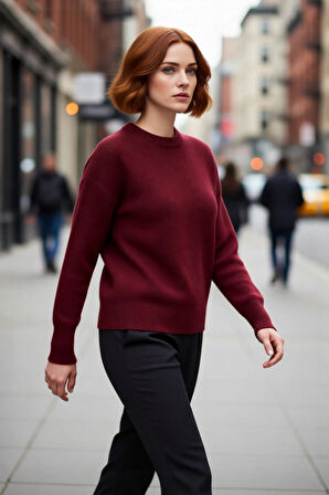 Kadın Casual Günlük Bisiklet Yaka Oversize Düşük Kol Triko Kazak Rahat Ve Şık Bir Parça Kaliteli