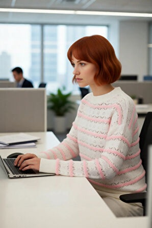 Kadın Günlük Kullanım Oversize Bisiklet Yaka Ajurlu Triko Kazak Rahat Düşük Kol Tasarımı Kaliteli