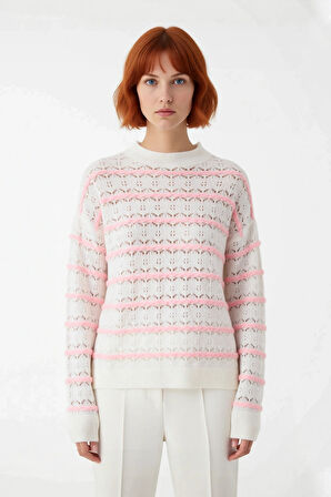 Kadın Günlük Kullanım Oversize Bisiklet Yaka Ajurlu Triko Kazak Rahat Düşük Kol Tasarımı Kaliteli