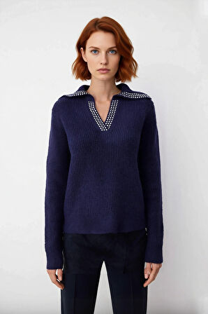 Kadın Orta Kalınlıkta Basic Devrik Yakalı Taşlı Triko Kazak Günlük Kullanım İçin İdeal Seçim