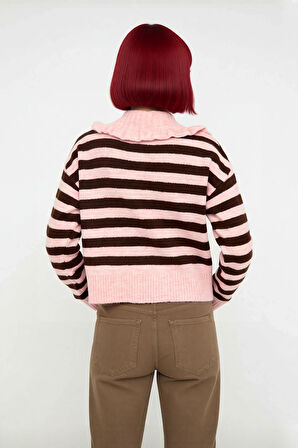 Kadın Casual Crop Regular Kalıp Triko Kazak Devrik Yaka Çizgili Düşük Kollu Soğuk Havalar İçin