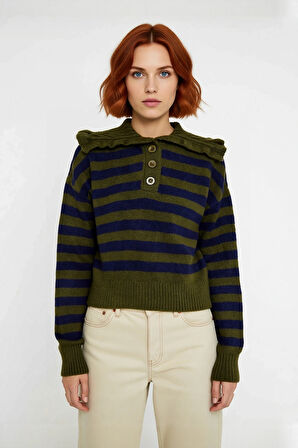 Kadın Casual Crop Regular Kalıp Triko Kazak Devrik Yaka Çizgili Düşük Kollu Soğuk Havalar İçin