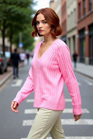 Kadın Regular Kalıp Düz Desen V Yaka Fitilli Reglan Kol Triko Kazak Günlük Şıklık Ve Rahatlık