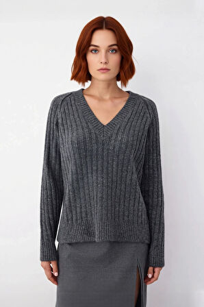 Kadın Regular Kalıp Düz Desen V Yaka Fitilli Reglan Kol Triko Kazak Günlük Şıklık Ve Rahatlık