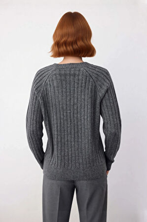 Kadın Regular Kalıp Düz Desen V Yaka Fitilli Reglan Kol Triko Kazak Günlük Şıklık Ve Rahatlık