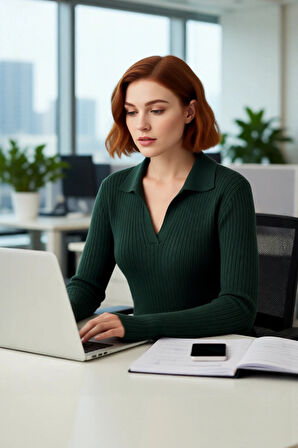 Kadın Düz Fitilli Triko Kazak Polo Yaka Detaylı Fitted Kalıbıyla Kışlık Şıklığın Tamamlayıcısı