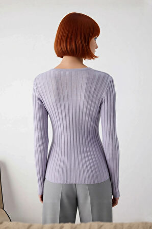 Kadın Zarif Fitilli İnce Triko Kazak Kaçık Yaka Detaylı Uzun Kollu Rahat Ve Şık İlkbahar Sonbahar