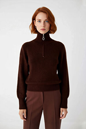 Kadın Standart Kol Regular Kalıp Orta Kalınlık Dik Yaka Fermuarlı Triko Kazak Kış Kombinleri