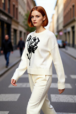 Kadın Kışlık Oversize Bisiklet Yaka Düşük Kol Triko Kazak İşlemeli Detaylarıyla Modern Şıklık