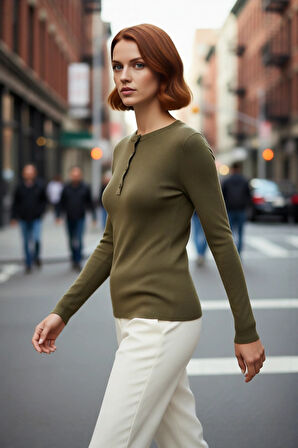 Kadın Uzun Kollu Fitted Bisiklet Yaka Dugmeli Fitilli Triko Bluz Gunluk Sik Ve Rahat Kombinler Icin