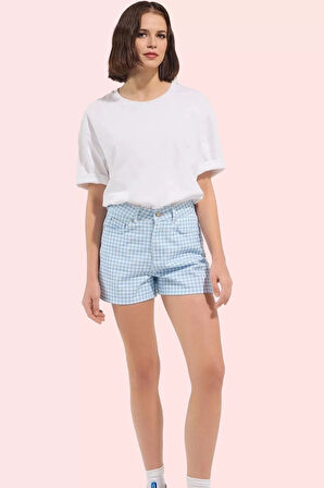 Kadın Kareli Denim Şort Yüksek Bel City Short Kalıp Pamuk Günlük Kullanım Kaliteli Malzeme