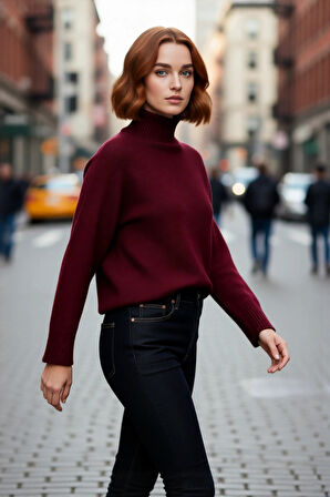 Kadın Oversize Dik Yaka Kışlık Triko Kazak Düz Düşük Kol Modern ve Şık Günlük Kombinler İçin