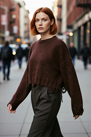 Kadın Basic Siluet Oversize Triko Kazak Crop Düşük Kol Akıtma Detaylı Soğuk Havalar İçin İdeal